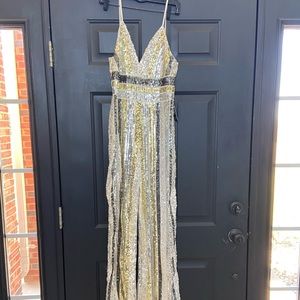 Express wide leg, spaghetti strap sequin striped jumpsuit